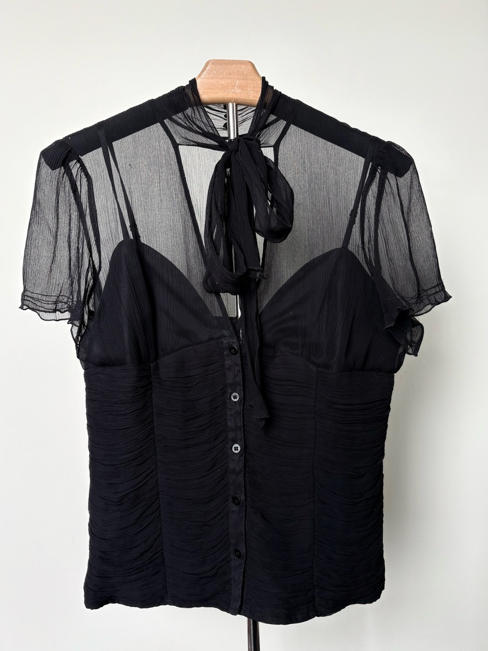 Guess by Marciano Black Sheer Tie-Neck Ruched Blouse - Picture 2 of 9